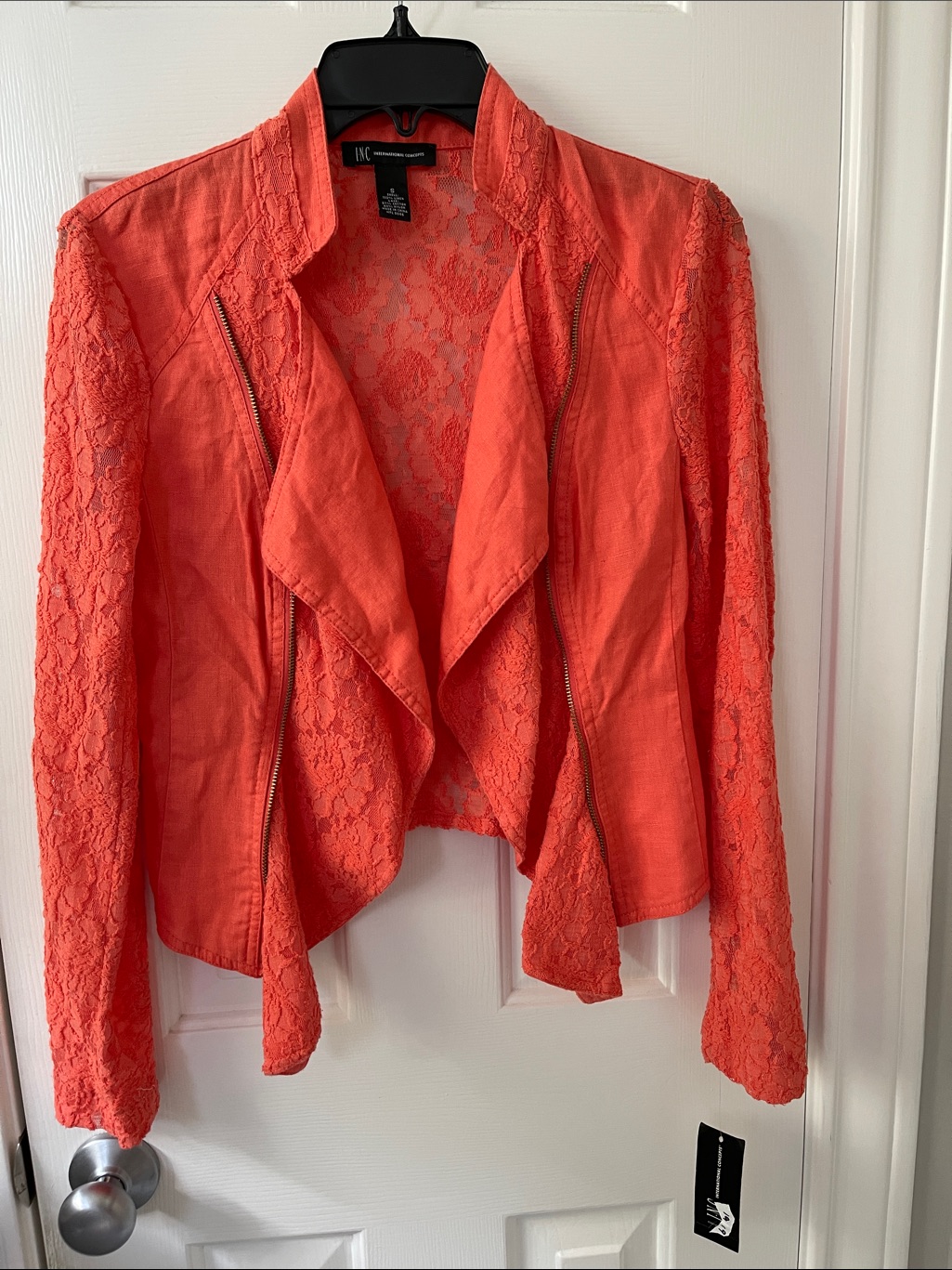 Inc International Concepts Coral Lace-Trim Open Front Jacket